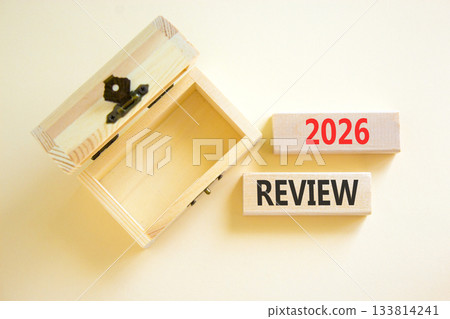 2026 Review symbol. Concept words 2026 Review on beautiful wooden blocks. Beautiful white paper background. Beautiful empty wooden chest. Business and 2026 review concept. Copy space. 133814241
