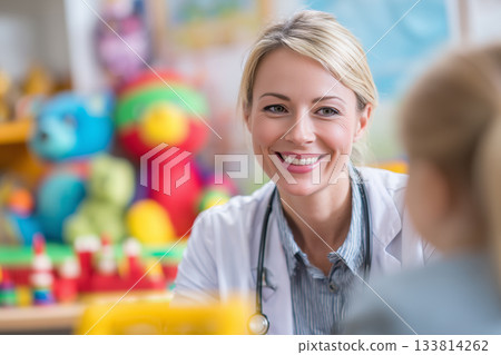 A friendly doctor, a woman communicates with a small patient 133814262