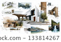 Collage of architectural sketches, drawings and watercolor landscapes 133814267