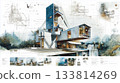 Collage of architectural drawings, sketches and watercolor landscapes 133814269