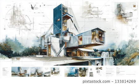 Collage of architectural drawings, sketches and watercolor landscapes 133814269