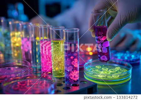 Close-up of the hands of a scientist conducting organic research in a bioluminescent laboratory 133814272
