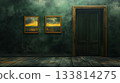 A dark green wall with a closed door and two paintings of vibrant landscapes 133814275