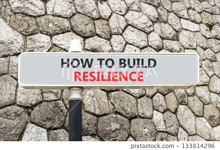 How to build resilience symbol. Concept words How to build resilience on grey beautiful road sign. Beautiful stone wall background. Business how to build resilience concept. Copy space. 133814296