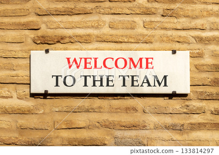 Support, help welcome to the team symbol. Concept words Welcome to the team on beautiful white marble sign plate. Beautiful brick wall background. Business welcome to the team concept. Copy space. Support, help welcome to the team symbol. Concept words Welcome to the team on beautiful white marble sign plate. Beautiful brick wall background. Business welcome to the team concept. Copy space. 133814297