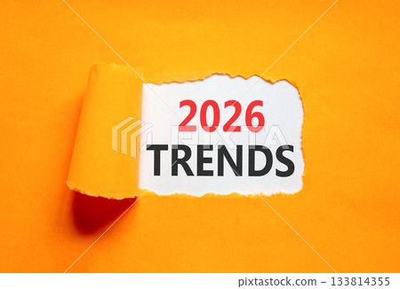 2026 Trends new year symbol. Concept words 2026 Trends on beautiful white paper. Beautiful orange paper background. Business and 2026 Trends new year concept. Copy space. 133814355