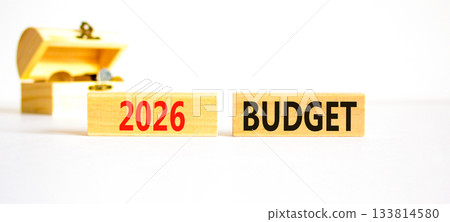 2026 Budget symbol. Concept words 2026 Budget on beautiful wooden blocks. Beautiful white paper background. Beautiful wooden chest with coins. Business and 2026 budget concept. Copy space. 133814580
