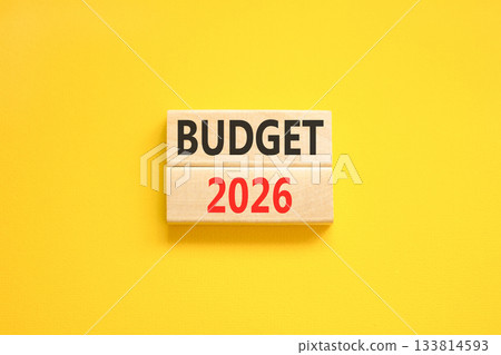 Budget 2026 symbol. Concept words Budget 2026 on beautiful wooden blocks. Beautiful yellow paper background. Business and budget 2026 concept. Copy space. 133814593