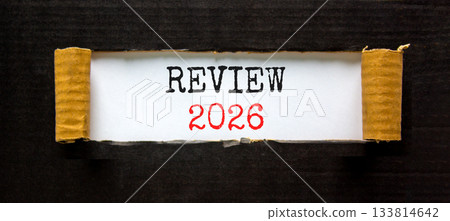 Review 2026 symbol. Concept words Review 2026 on beautiful white paper. Beautiful black paper background. Business and review 2026 concept. Copy space. 133814642