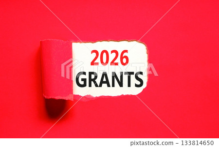 2026 Grants symbol. Concept words 2026 Grants on beautiful white paper. Beautiful red paper background. Business and 2026 grants concept. Copy space. 133814650
