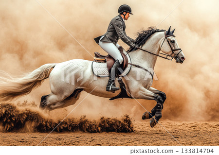 A rider in a gray suit guides a white horse through a dusty arena, creating a cloud of sand as the sun sets in the background 133814704