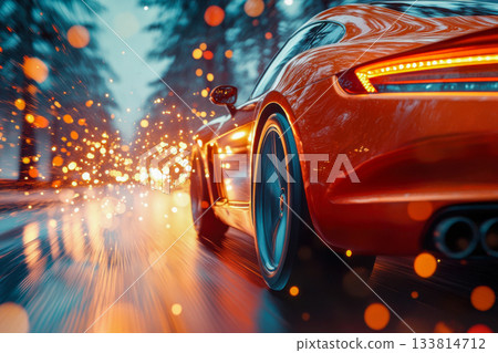 An orange sports car races down a wet road, creating sparks as it speeds through a forest scene during twilight hours 133814712