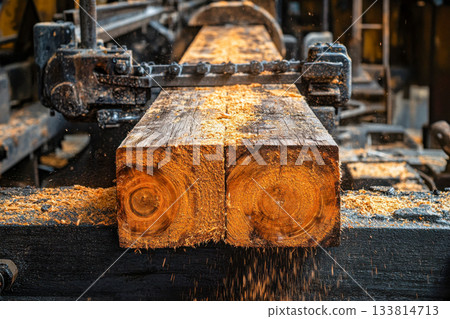 Workers use a powerful saw to process large wooden logs, creating wood shavings that scatter in the air during the cutting 133814713