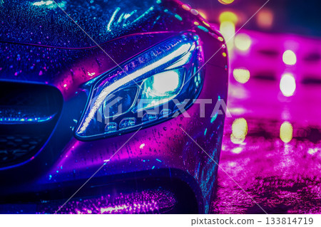 A sleek car headlight glows in purple and blue light as rain droplets reflect the colorful urban scene at night 133814719
