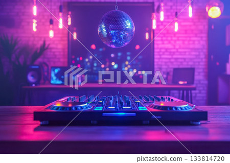 DJ setup on a wooden table includes colorful controls and a spinning disco ball under vibrant lights in a nightlife setting 133814720
