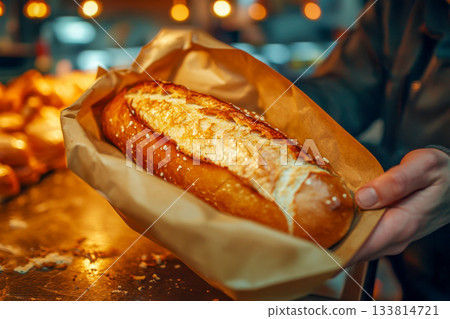 A person holds a warm loaf of bread wrapped in paper at a cozy bakery during sunset, surrounded by other baked goods 133814721