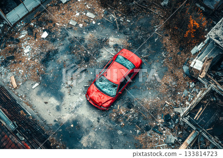 A red car sits alone in an abandoned lot filled with rubble and scattered leaves, illuminated by natural daylight 133814723