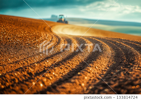 Tractors cultivate curved lines in rich brown soil under a vibrant sky, showcasing the beauty of agriculture in the countryside 133814724
