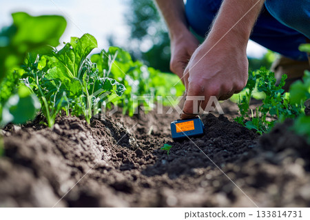 A gardener kneels down to test soil moisture levels in a vegetable garden filled with healthy greens under bright sunlight 133814731