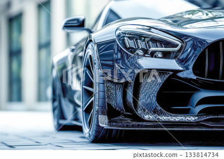 A sleek black sports car is parked on a city street, reflecting sunlight and showcasing its sharp lines and details under clear skies A sleek black sports car is parked on a city street, reflecting sunlight and showcasing its sharp lines and details under clear skies 133814734
