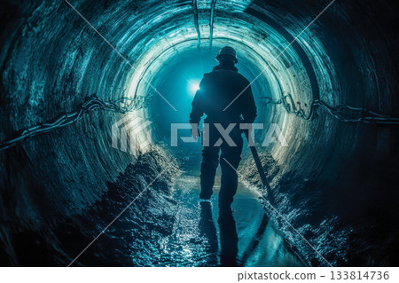A worker in safety gear walks through a dimly lit underground tunnel, illuminated by a blue light, examining the environment A worker in safety gear walks through a dimly lit underground tunnel, illuminated by a blue light, examining the environment 133814736