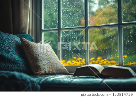 Rain falls gently against the window while a cozy nook invites reading with a book and a soft pillow nearby Rain falls gently against the window while a cozy nook invites reading with a book and a soft pillow nearby 133814739
