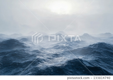 Rough ocean waves crash against each other under a foggy sky, creating a dramatic scene at dawn with low visibility Rough ocean waves crash against each other under a foggy sky, creating a dramatic scene at dawn with low visibility 133814740