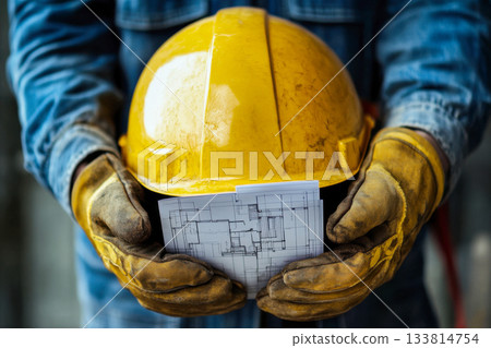 Construction worker stands at a worksite, holding a yellow helmet and building plans, ready for the day's tasks in the afternoon sun Construction worker stands at a worksite, holding a yellow helmet and building plans, ready for the day's tasks in the afternoon sun 133814754