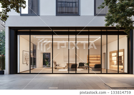 A modern office showcases an open layout with large glass windows, minimal furniture, and natural light filtering in from the outside 133814759
