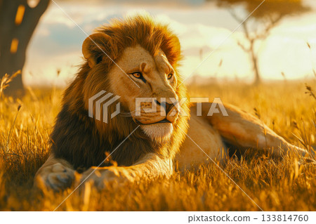 A lion lies calmly in the tall golden grass as the sun sets over the horizon, casting warm light across the savanna landscape A lion lies calmly in the tall golden grass as the sun sets over the horizon, casting warm light across the savanna landscape 133814760