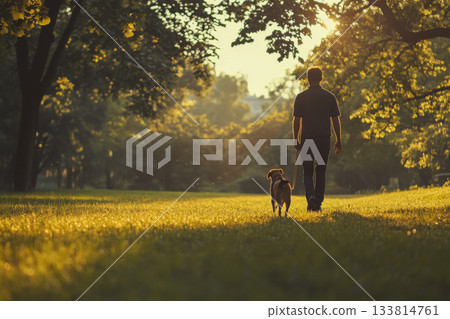 A man strolls leisurely with his dog along a grassy path in a park, enjoying the warm glow of an evening sunset 133814761