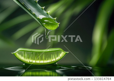 Close-up of an aloe vera leaf with a droplet forming at the tip, surrounded by vibrant green foliage and a serene atmosphere Close-up of an aloe vera leaf with a droplet forming at the tip, surrounded by vibrant green foliage and a serene atmosphere 133814764