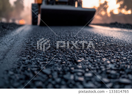 Workers are paving a new road as a machinery roller compacts fresh asphalt under the warm glow of dawn 133814765