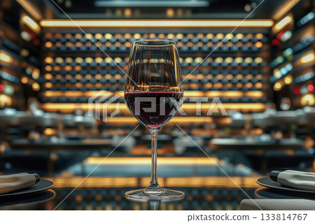 A beautifully designed glass filled with red wine is placed on a table in a chic restaurant, creating a sophisticated atmosphere A beautifully designed glass filled with red wine is placed on a table in a chic restaurant, creating a sophisticated atmosphere 133814767
