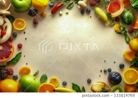 A vibrant collection of fresh fruits and vegetables is creatively arranged on a light surface, showcasing nature's colorful bounty A vibrant collection of fresh fruits and vegetables is creatively arranged on a light surface, showcasing nature's colorful bounty 133814769