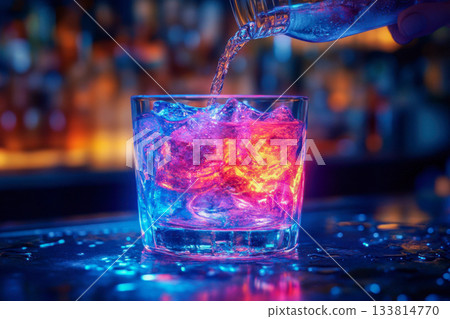 A bartender pours clear liquid over ice in a glass, creating colorful reflections in a lively bar during the evening A bartender pours clear liquid over ice in a glass, creating colorful reflections in a lively bar during the evening 133814770
