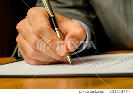 Hand of a person writing on a document with a pen while sitting at a wooden desk in an office environment Hand of a person writing on a document with a pen while sitting at a wooden desk in an office environment 133814774