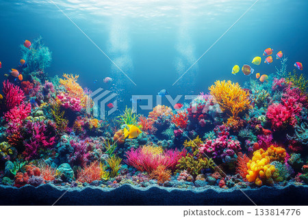 A colorful coral reef is filled with diverse marine life, showcasing shimmering fish and vibrant corals beneath the bright sunlight 133814776