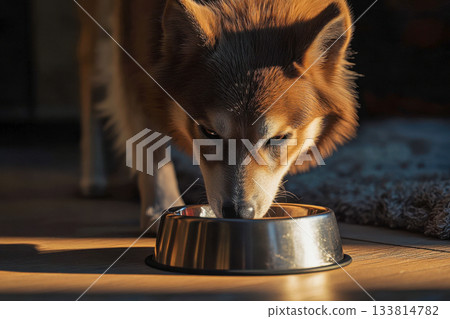 A fluffy dog eats from a shiny bowl placed on wooden floor in a warm and sunny living room in the late afternoon 133814782