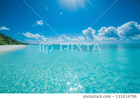 Bright turquoise waters stretch across a tropical beach, reflecting sunlight under a clear blue sky with fluffy clouds 133814786