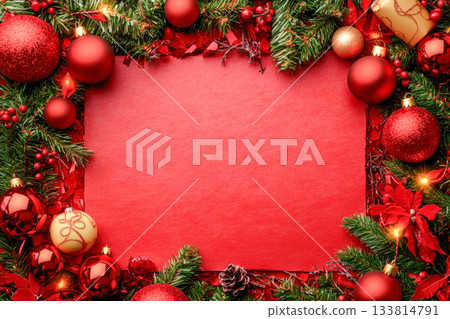 Bright holiday decorations with red ornaments, green pine branches, and red flowers create a cheerful festive border for seasonal events Bright holiday decorations with red ornaments, green pine branches, and red flowers create a cheerful festive border for seasonal events 133814791