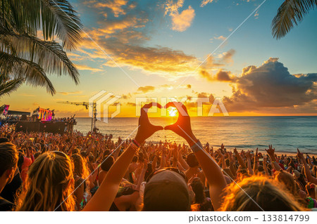 People gather on the beach during a lively festival as the sun sets, creating a beautiful backdrop for celebration and joy People gather on the beach during a lively festival as the sun sets, creating a beautiful backdrop for celebration and joy 133814799