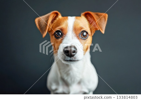 A small dog with brown and white fur gazes curiously at the viewer against a dark background in a cozy indoor setting 133814803