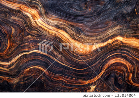 Swirls and streaks of dark wood are highlighted by shimmering golden veins, highlighting the intricate textures and designs of nature 133814804