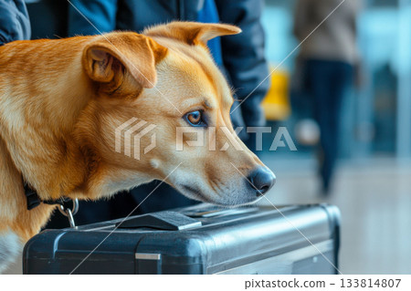 A dog stands beside a black suitcase at the airport, eagerly looking around as travelers move past in the background A dog stands beside a black suitcase at the airport, eagerly looking around as travelers move past in the background 133814807