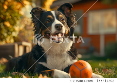 A cheerful border collie rests on the green grass, smiling while holding an orange ball in a colorful autumn backyard setting 133814808