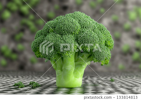 Bright green broccoli rests on a black and white checkered table with a soft green backdrop, highlighting its fresh appearance in a kitchen Bright green broccoli rests on a black and white checkered table with a soft green backdrop, highlighting its fresh appearance in a kitchen 133814813