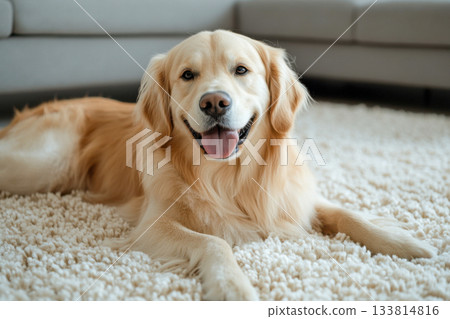 A cheerful golden retriever lies comfortably on a soft rug in a cozy living room filled with natural light A cheerful golden retriever lies comfortably on a soft rug in a cozy living room filled with natural light 133814816