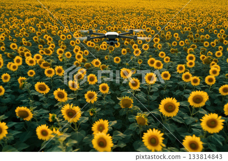 A drone hovers above a vast field filled with bright yellow sunflowers under a clear blue sky during summer A drone hovers above a vast field filled with bright yellow sunflowers under a clear blue sky during summer 133814843