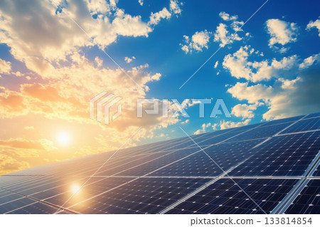 Rows of solar panels shine as the sun sets, creating a beautiful contrast against a blue sky filled with clouds Rows of solar panels shine as the sun sets, creating a beautiful contrast against a blue sky filled with clouds 133814854